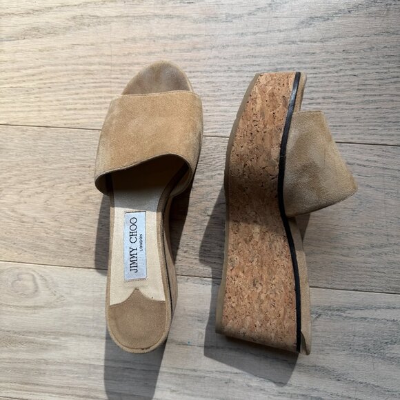Jimmy Choo Suede Cork Platform Wedge Sandals - Picture 1 of 4